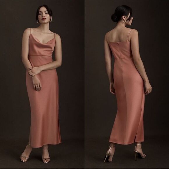 BHLDN Cali Satin Cowl Neck Midi Slip Dress In Sedona, Size 0 - Picture 2 of 10